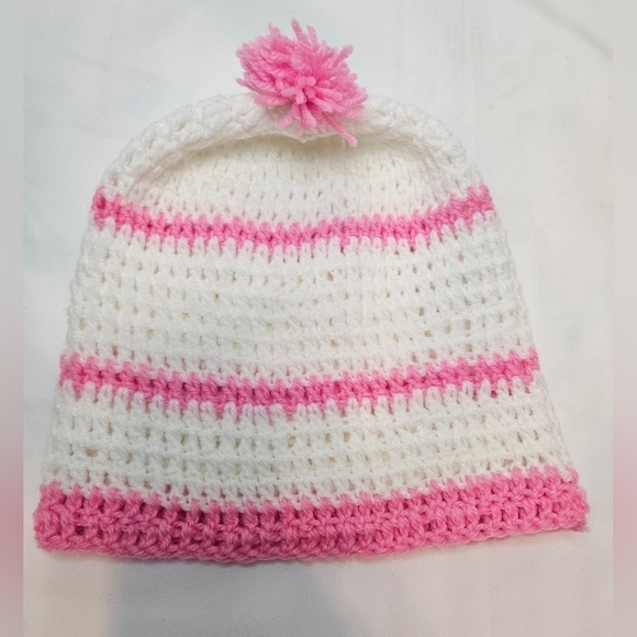 Hand Crafted Knitted beanie Handmade hat white & pink Stripes hand knit pom pom - Picture 5 of 17